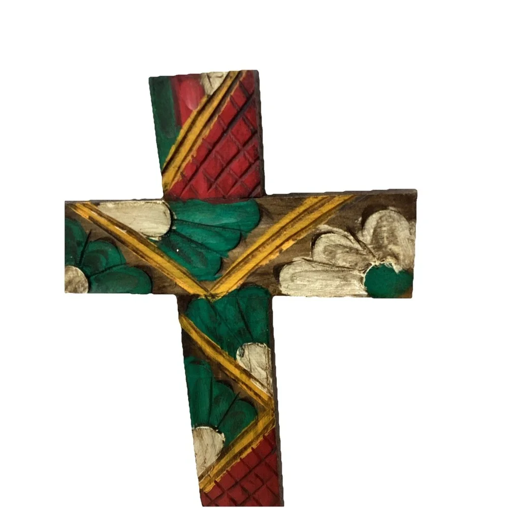 Vintage Rustic Wood Hand Carved Painted Cross Mexican Folk Art Home Decor 8